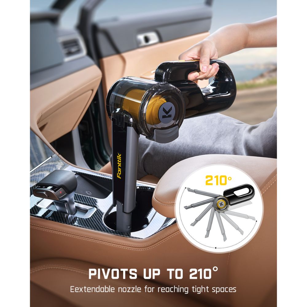 Fanttik V10 Apex foldable car vacuum with extendable nozzle pivoting up to 210 degrees for tight spaces.