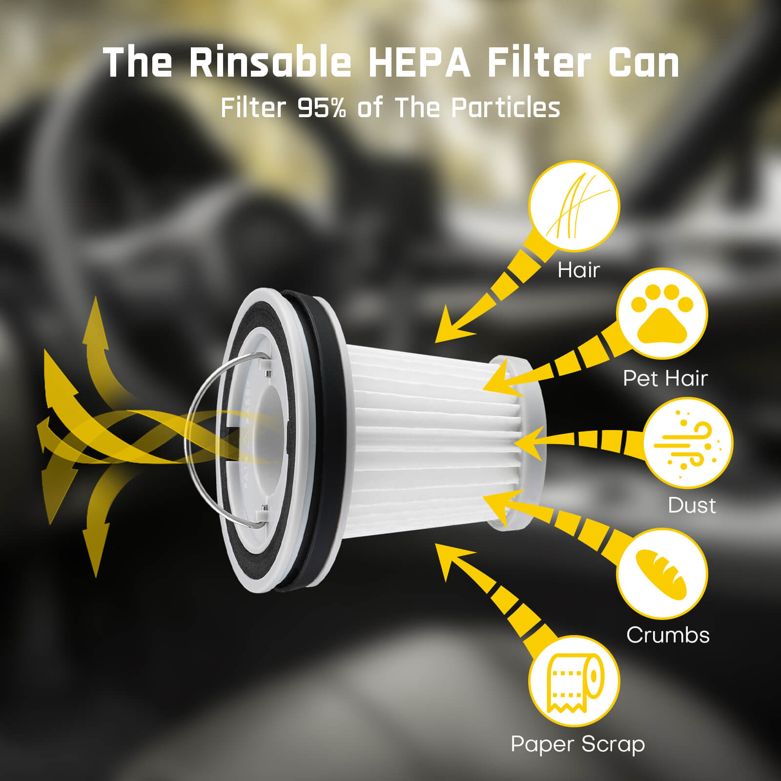 Fanttik HEPA filter for car vacuum, captures hair, pet hair, dust, crumbs, and paper scrap, filters 95% of particles.