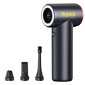 A handheld Fanntik B11 Pro cordless air duster in matte black, shown with three interchangeable nozzle attachments on a plain white background.