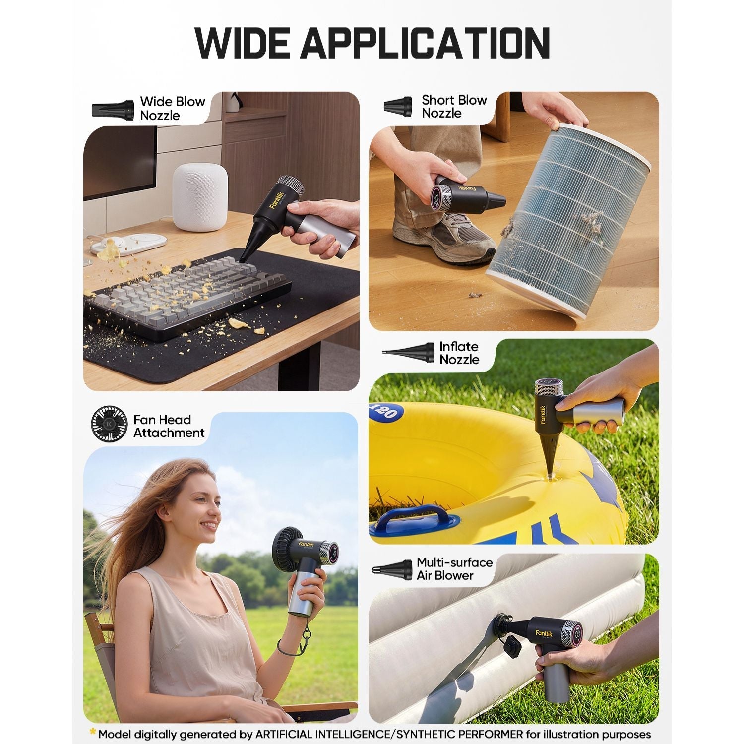 Multifunctional tool with various attachments used in different scenarios.