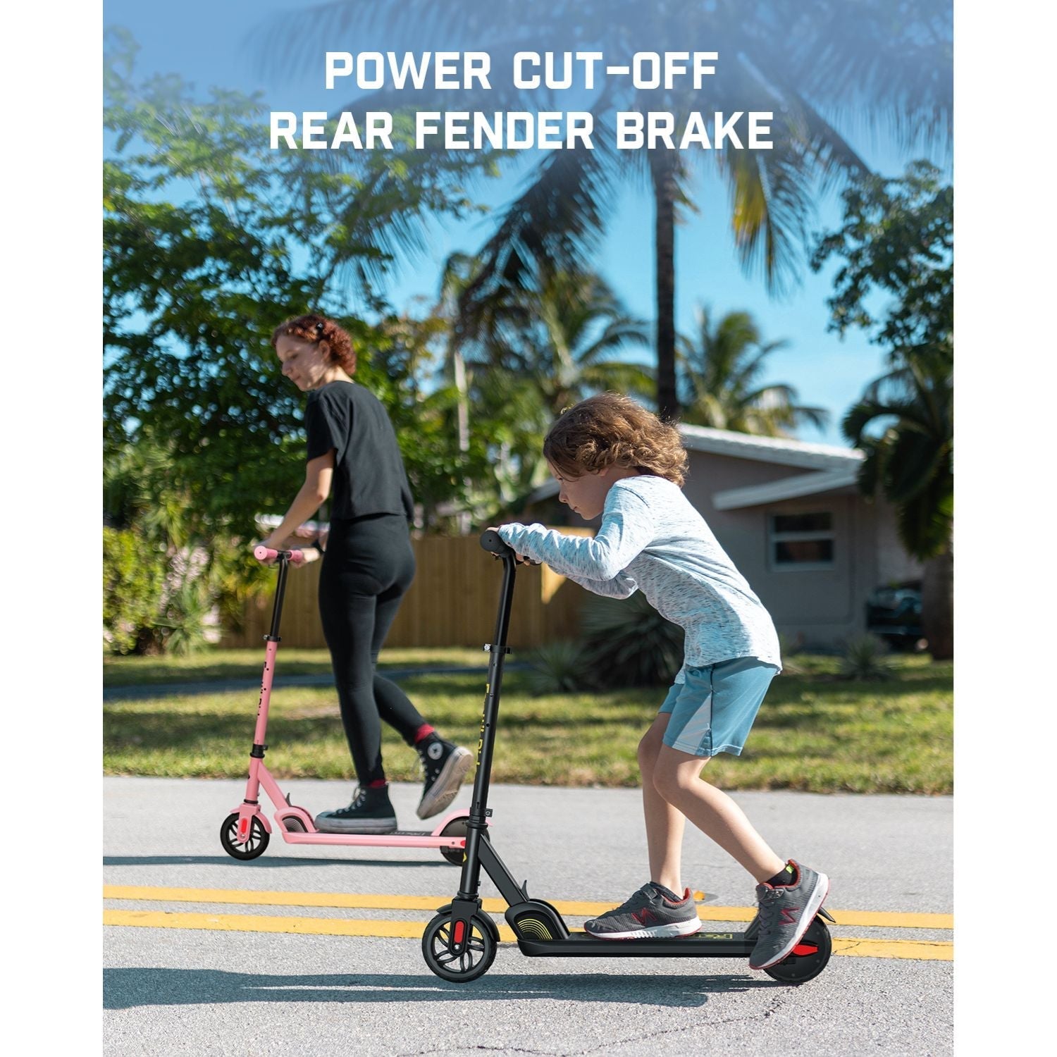 Kids riding pink and black FanttikRide C9 electric scooters, featuring rear fender brake and power cut-off.