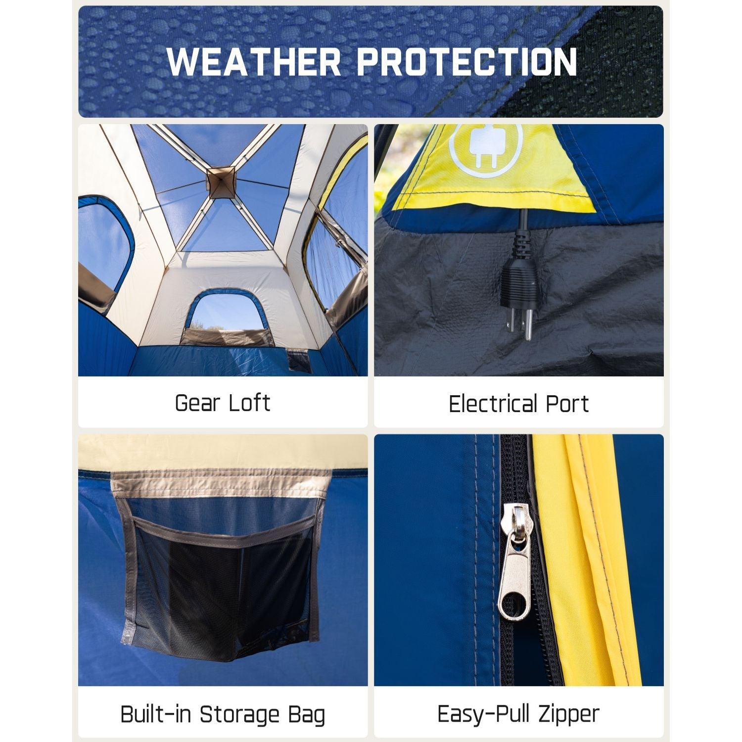 FanttikOutdoor Zeta C6 Pro tent features: Weather protection, gear loft, electrical port, storage bag, and easy-pull zipper.