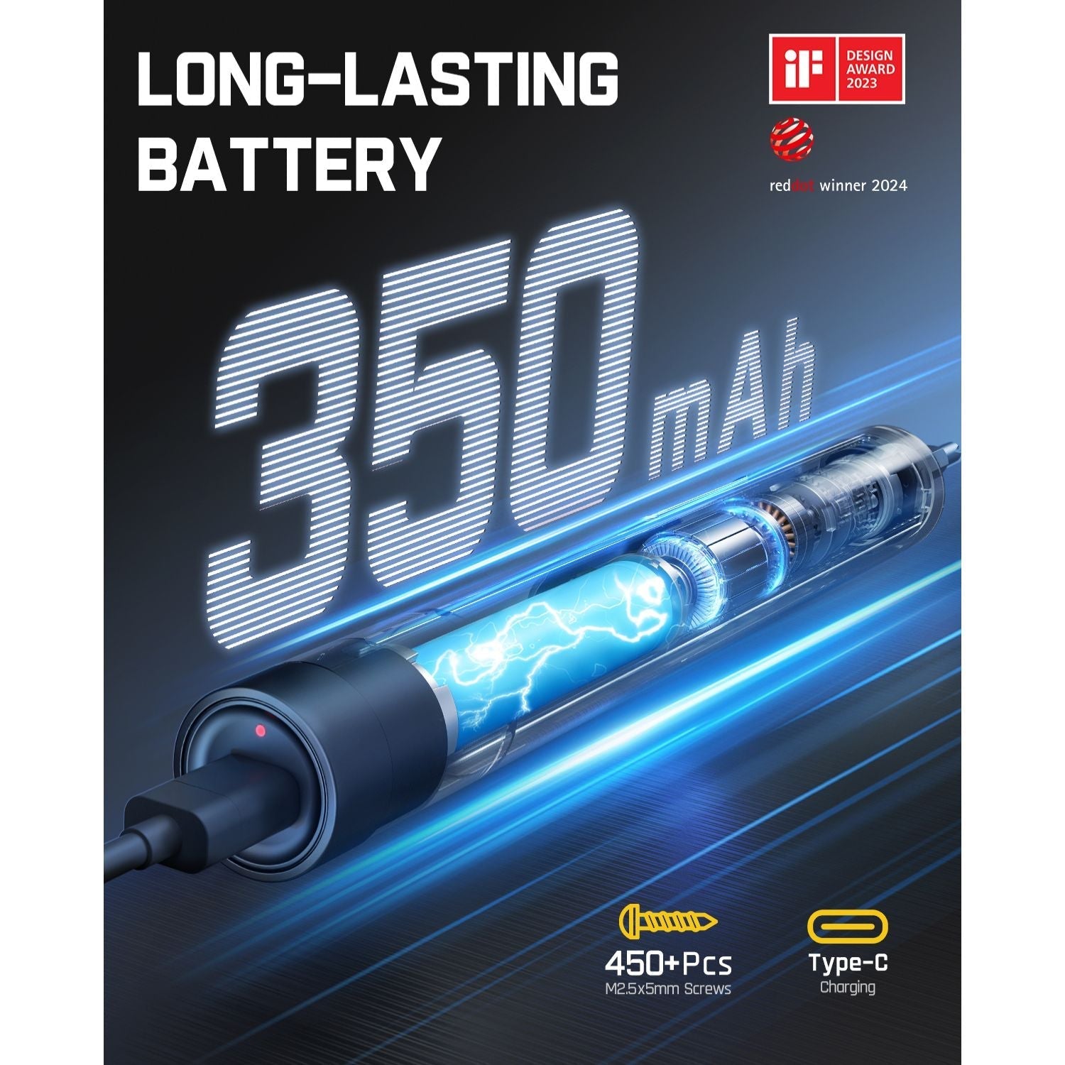 Fanttik E1 MAX precision electric screwdriver battery graphic, 350mAh, Type-C charging, 450+ screws