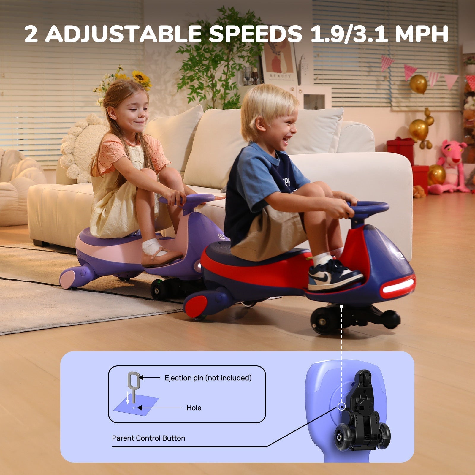 Children riding FanttikRide N7 Classic 6V electric wiggle car, showing adjustable speeds and parent control button.