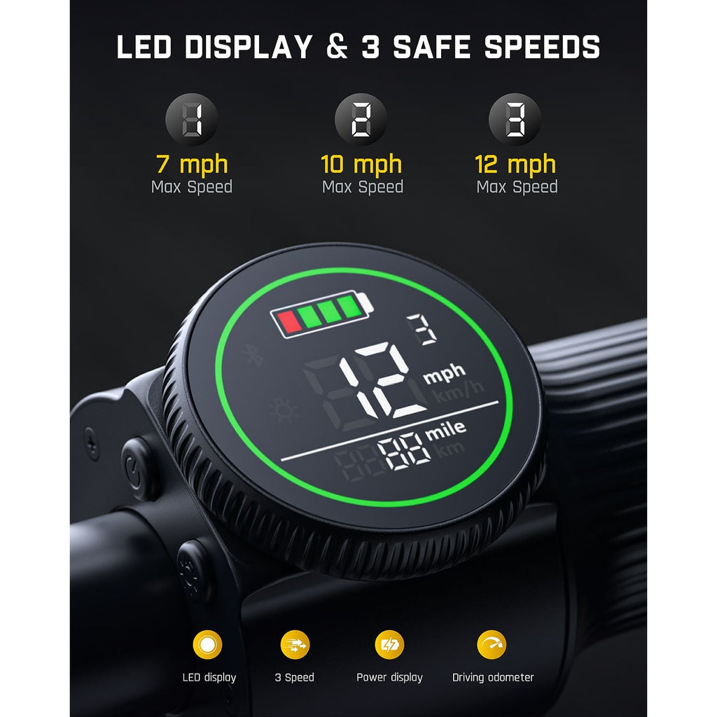 FanttikRide T10 electric scooter LED display: 12 mph speed, 3 modes (7, 10, 12 mph), battery, odometer icons.