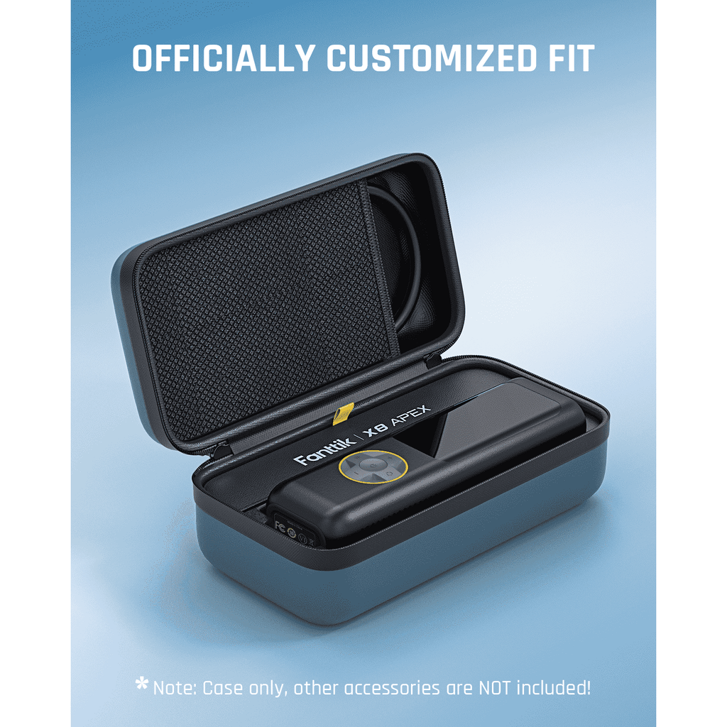 Fanttik EVA protection case for X8 APEX tire inflator, featuring a blue exterior and organized interior compartments.