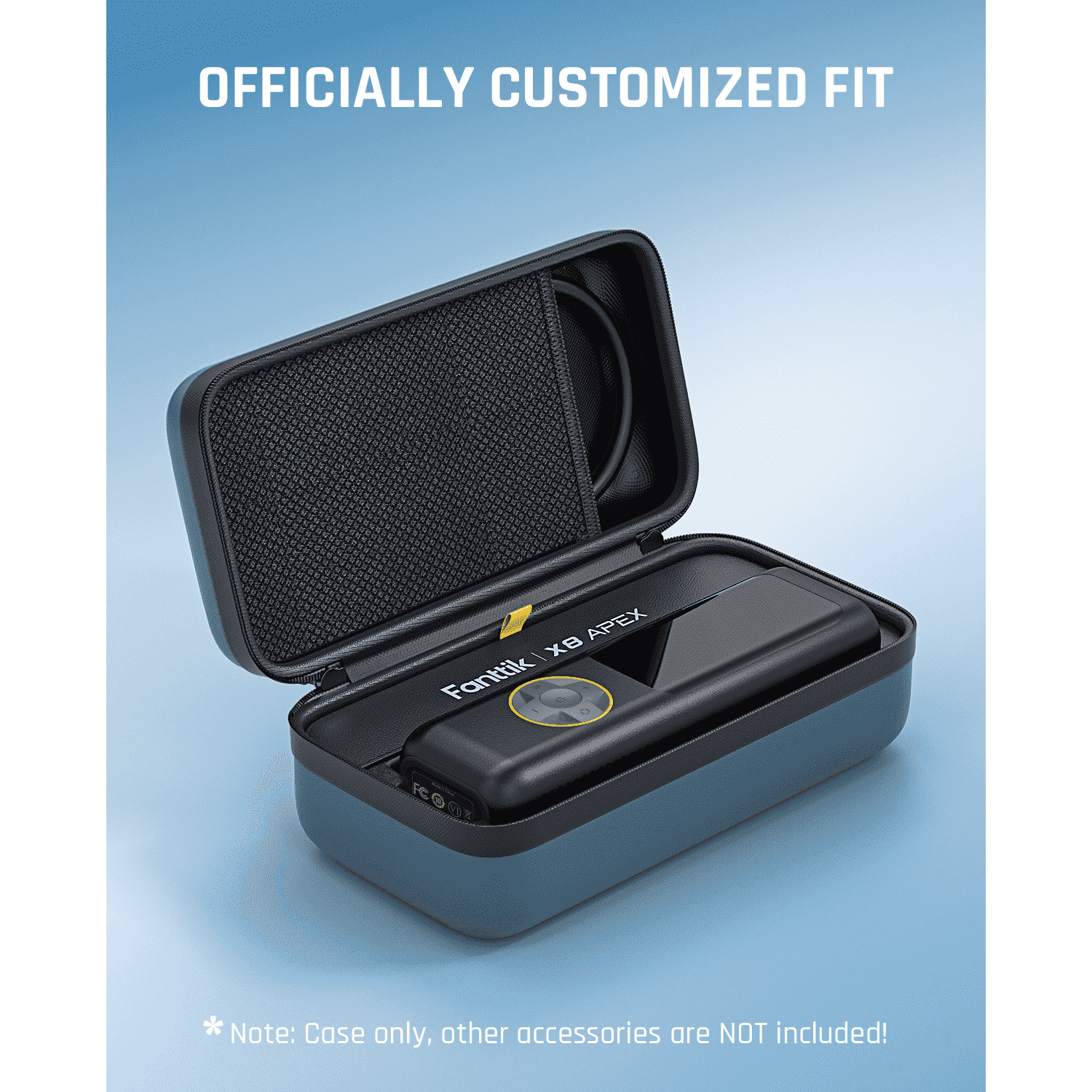 Fanttik EVA protection case for X8 APEX tire inflator, featuring a blue exterior and organized interior compartments.