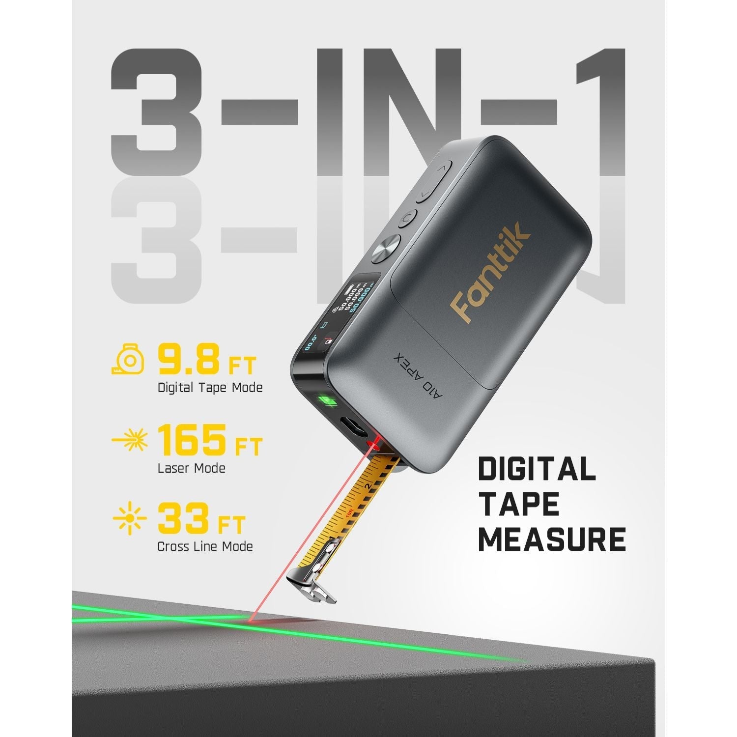 Fanttik A10 Apex 3-in-1 laser distance meter with digital tape and cross-line laser