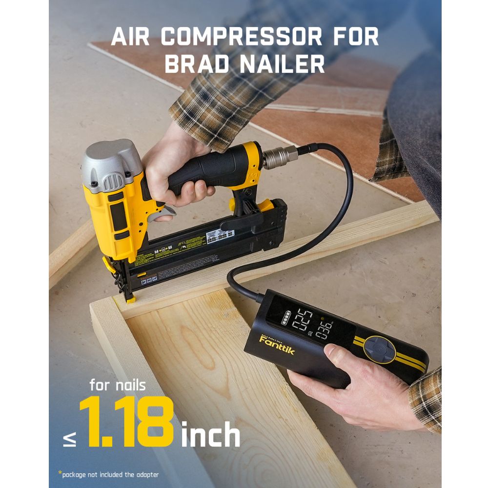 Fanttik air compressor powering a brad nailer for nails up to 1.18 inch