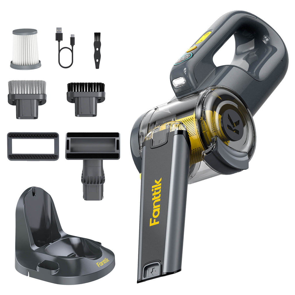 Fanttik Fold V10 Ultra Deluxe handheld vacuum, charging base, HEPA filter, USB cable, crevice tool, brush nozzle, upholstery tool.