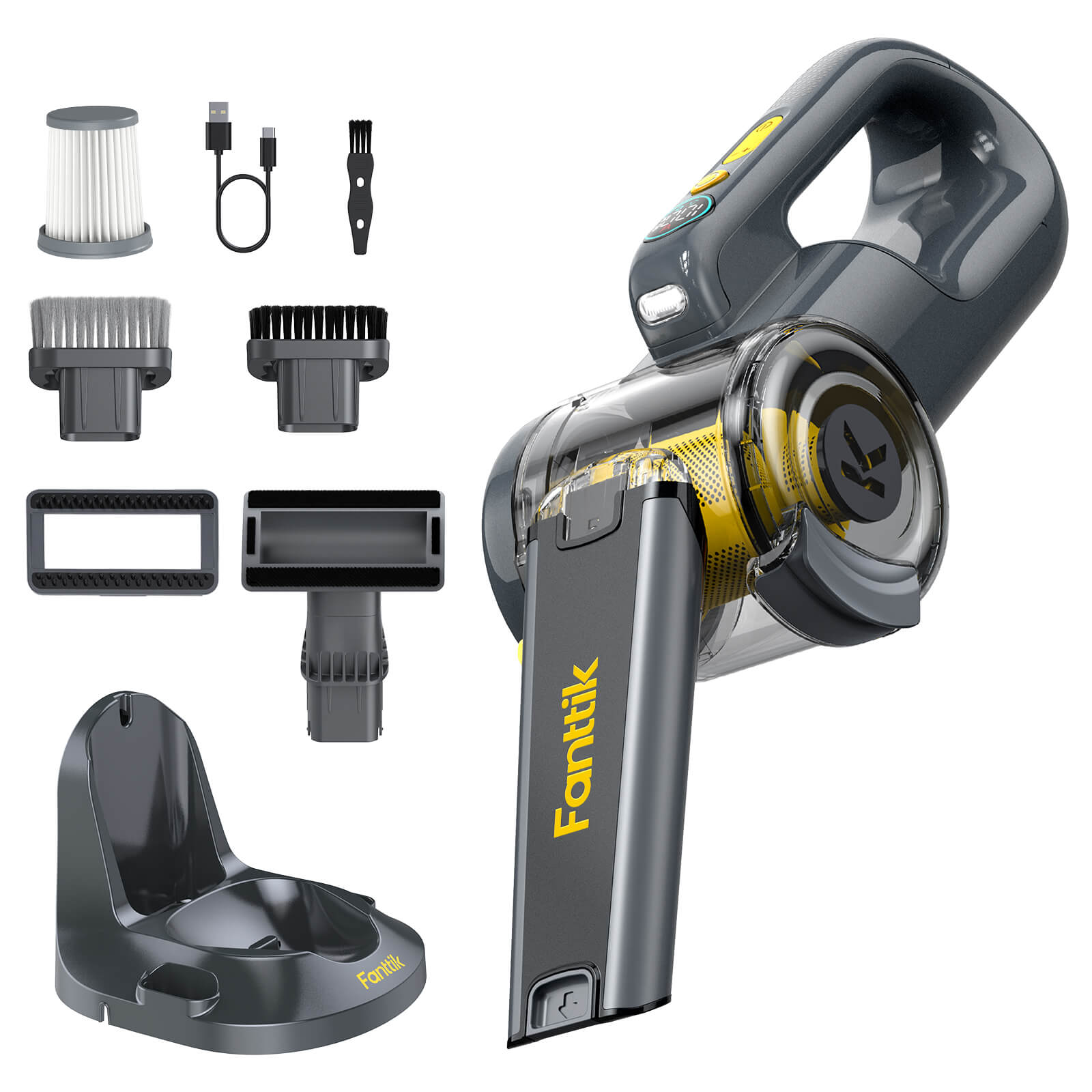 Fanttik Fold V10 Ultra Deluxe handheld vacuum, charging base, HEPA filter, USB cable, crevice tool, brush nozzle, upholstery tool.