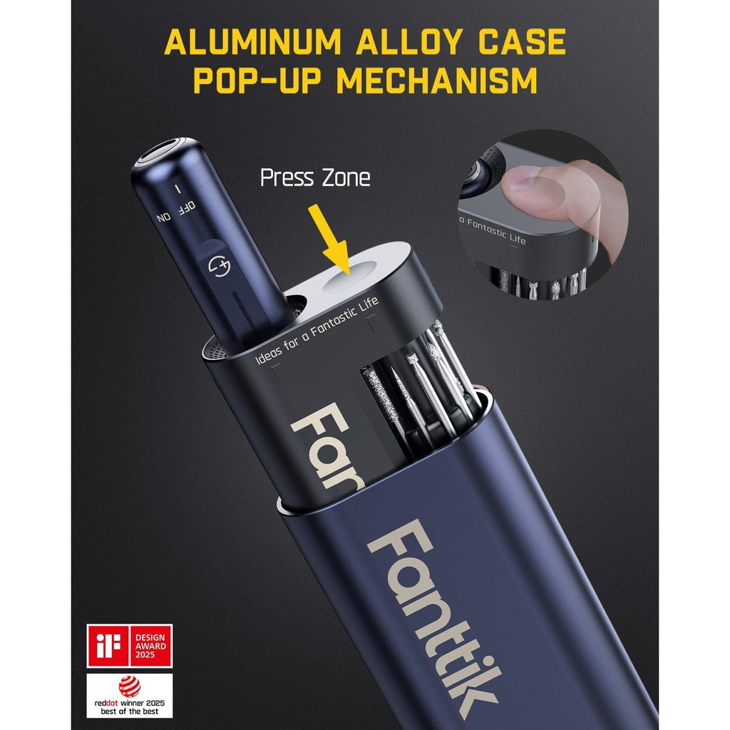 Fanttik F2 Master Mini Cordless Rotary Tool Kit 4V -Blue case with pop-up mechanism featuring 'Fantik' branding on a dark background.