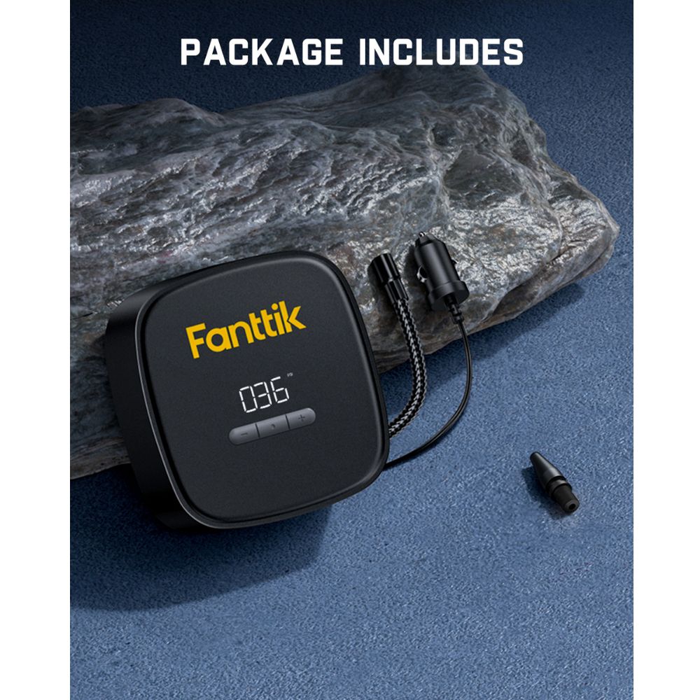 Fanttik X9 SE tire inflator with digital display and car charger adapter.