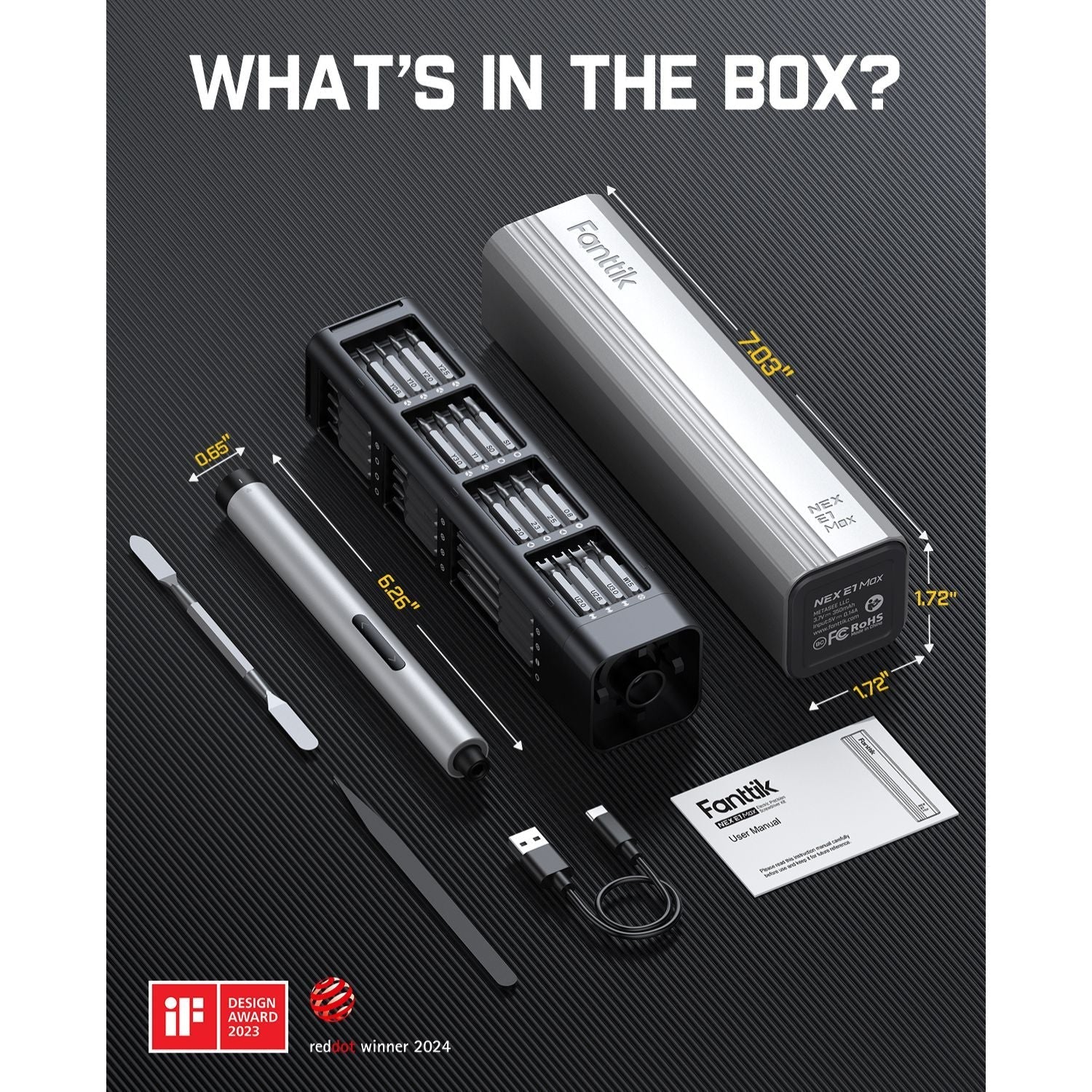 Fanttik E1 MAX precision electric screwdriver kit with 50 magnetic bits, USB-C cable, manual, and case
