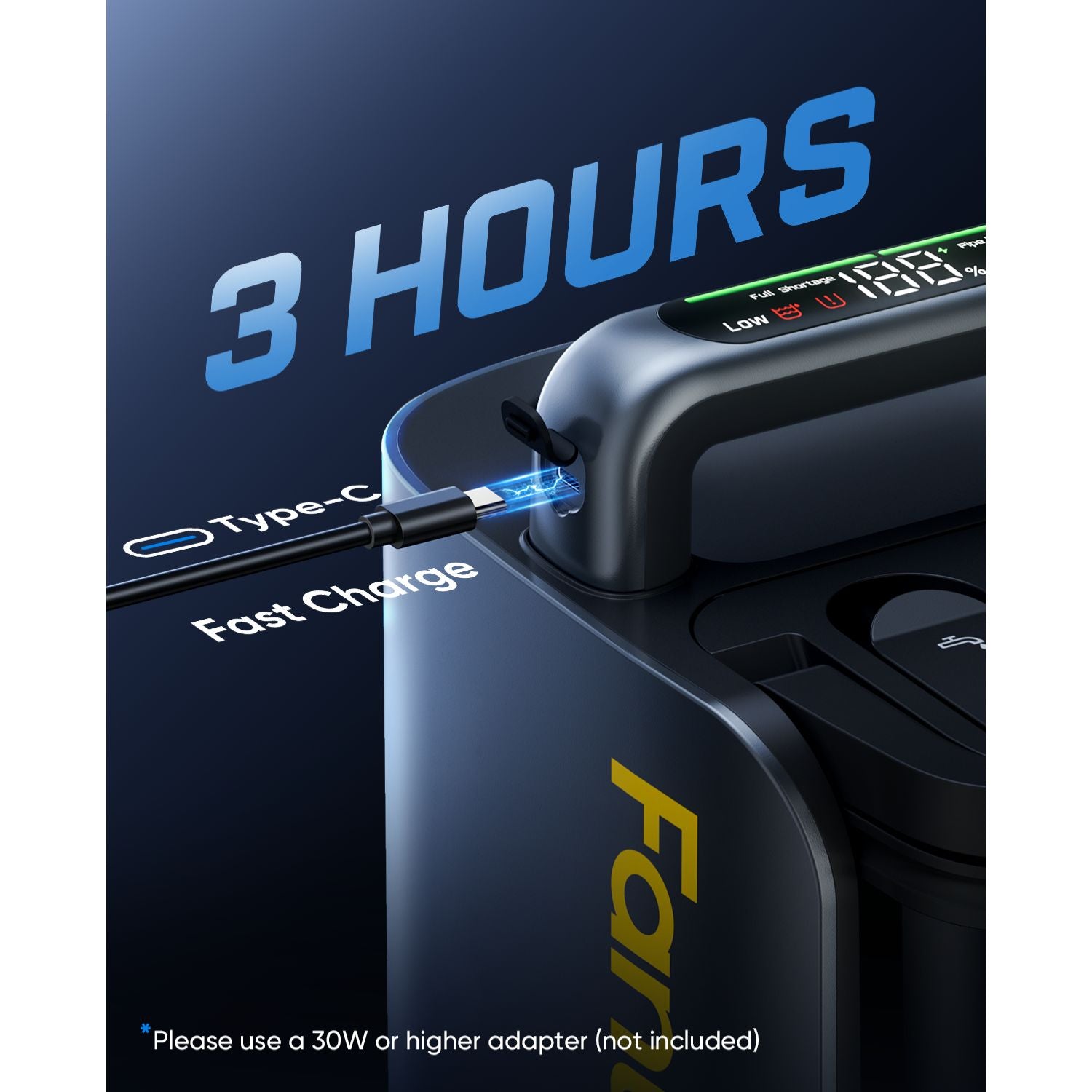 Fast charging device with '3 Hours' text and charging cable on a dark background