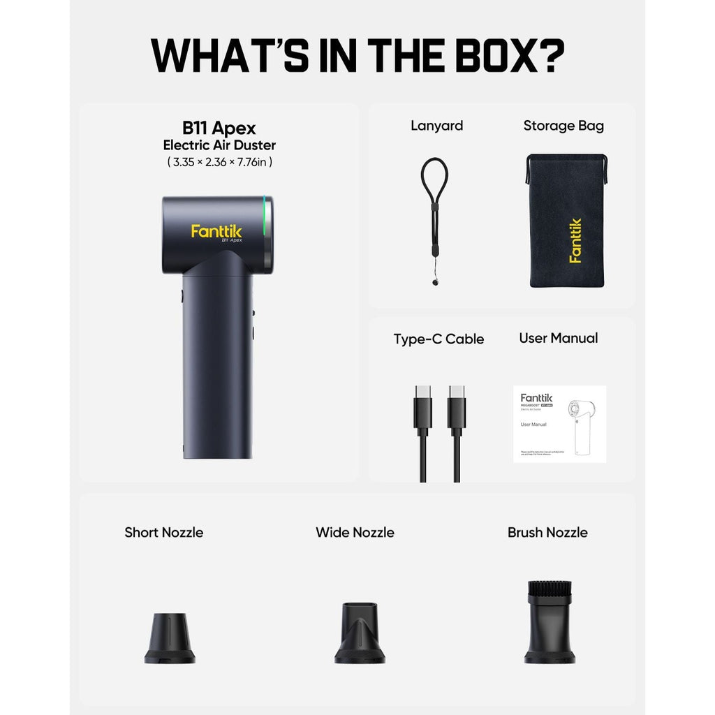 Product packaging list of Fantink B11 Apex Electric Air Duster with accessories on a white background.