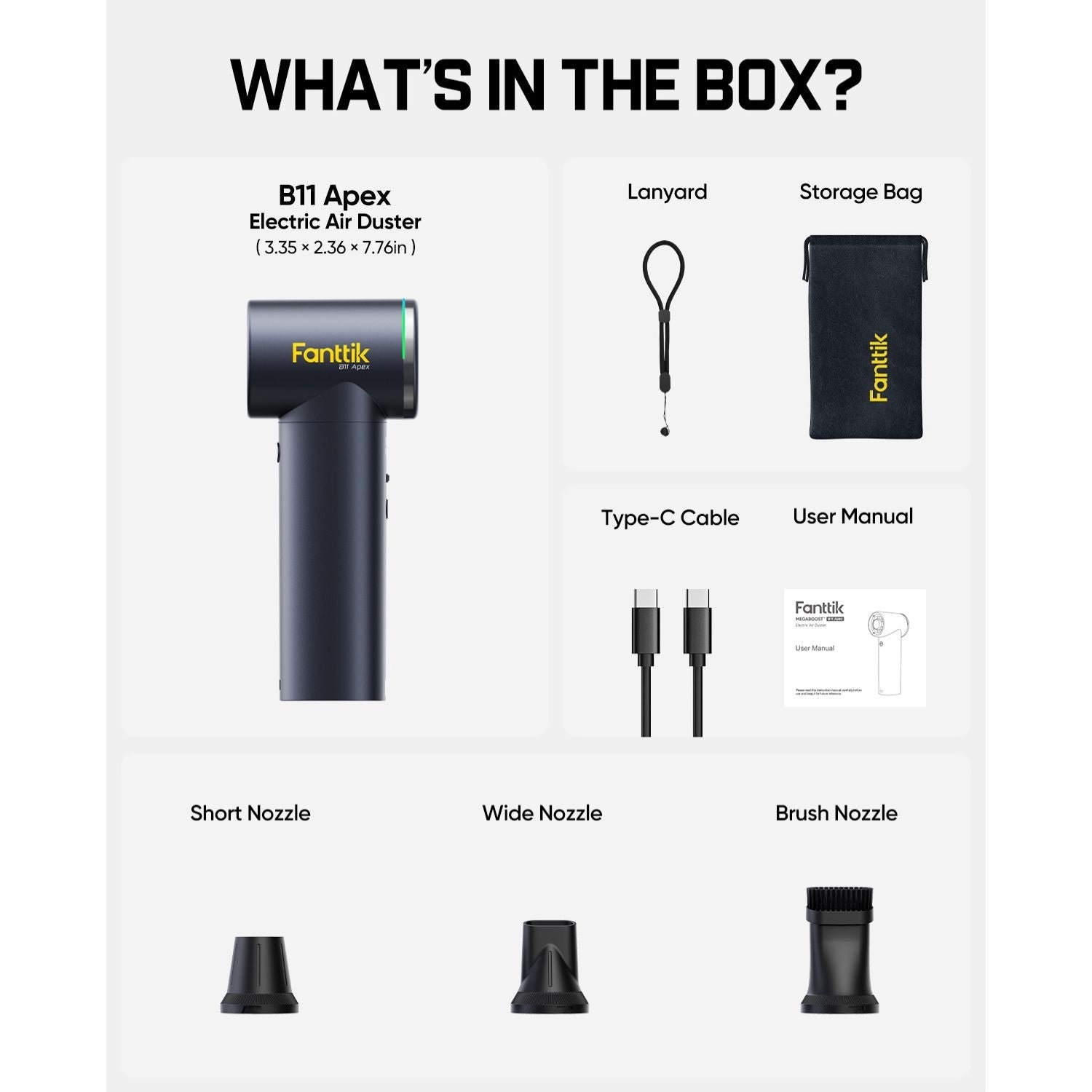 Product packaging list of Fantink B11 Apex Electric Air Duster with accessories on a white background.