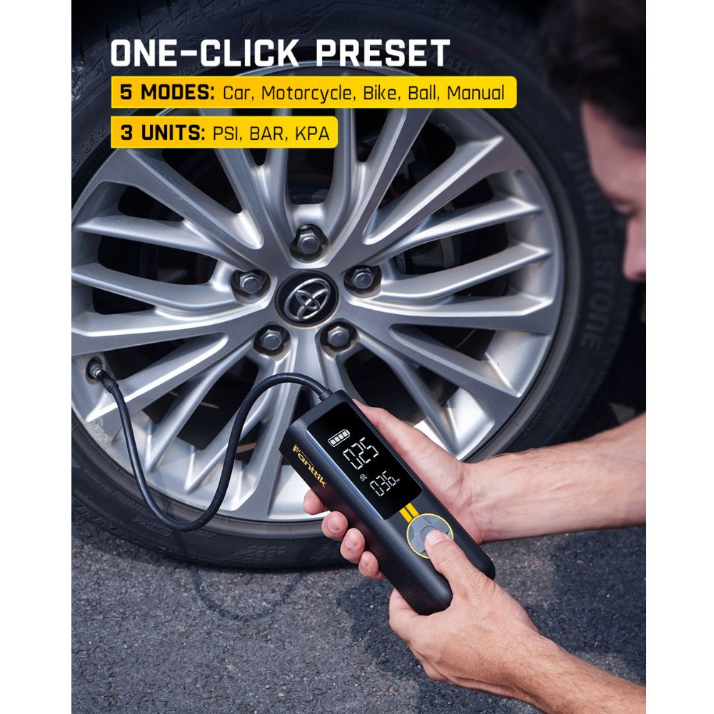 Fanttik X8 APEX tire inflator with one-click preset modes for car, motorcycle, bike, ball, manual and units PSI, BAR, KPA.