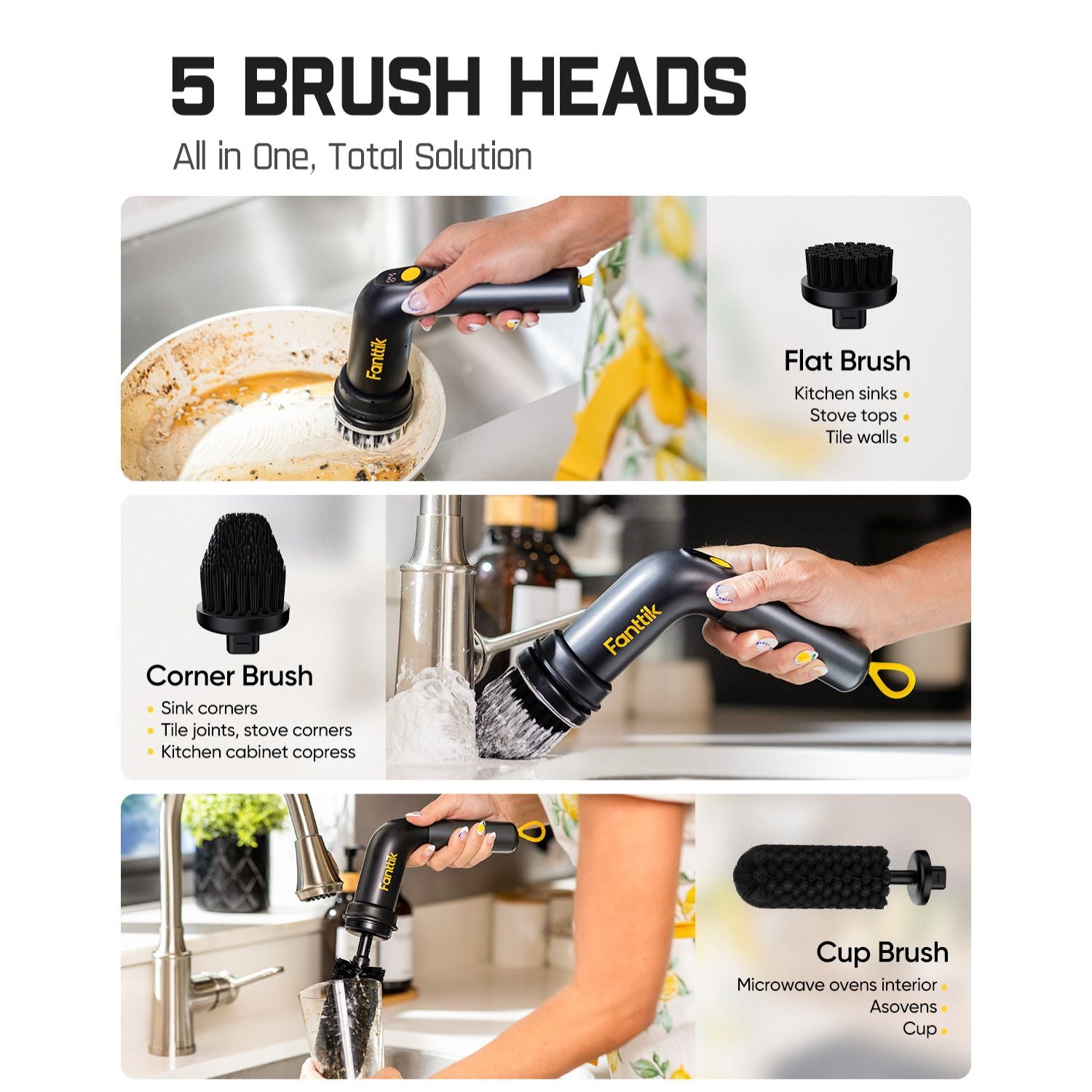 Fanttik G9 electric spin scrubber with 5 interchangeable brush heads for kitchen sinks, stove tops, tiles, and cups.