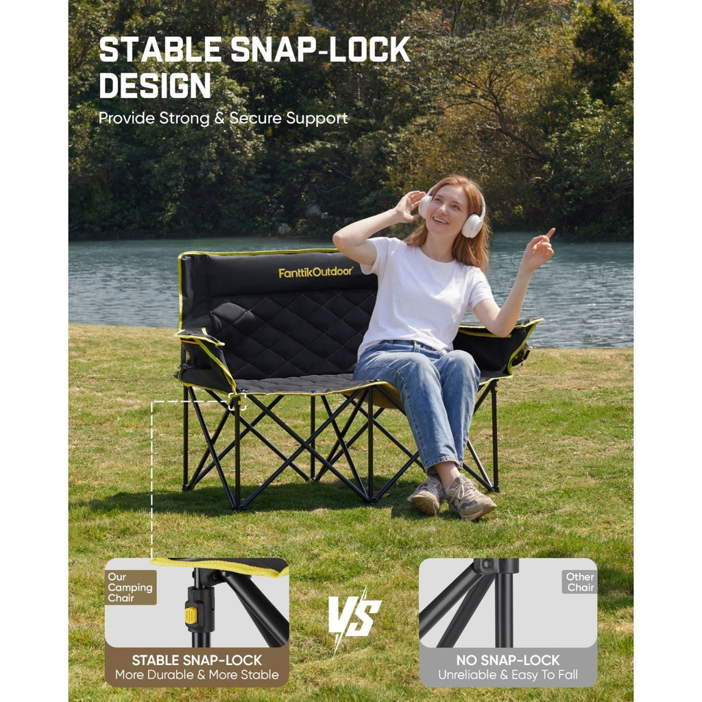 FanttikOutdoor double camping chair with stable snap-lock frame, black and yellow design