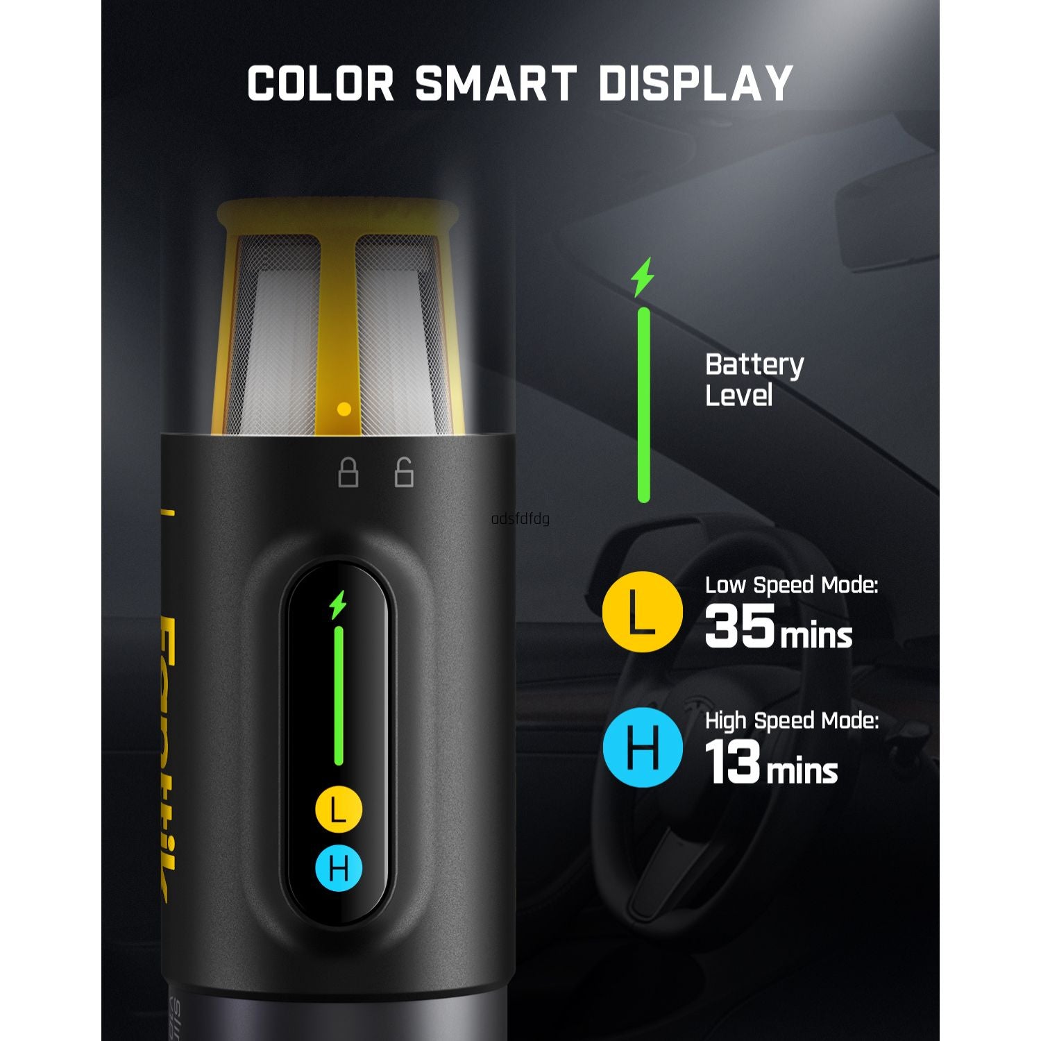 Fanttik Slim V10 Mix car vacuum: color smart display shows battery, 35 min low speed, 13 min high speed.