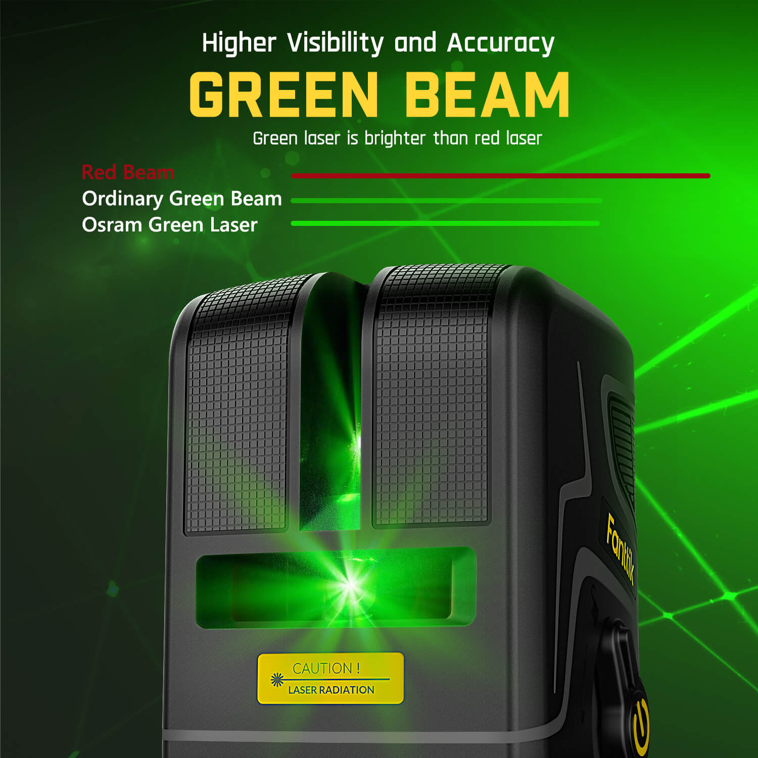 Fanttik D2 PLUS laser level featuring bright green beam technology for superior visibility and accuracy. Includes Osram green laser and safety caution.