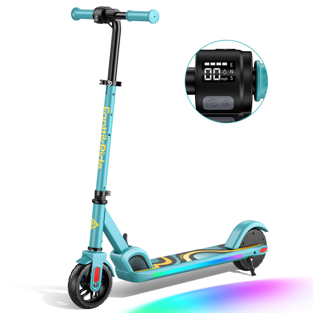 Blue FanttikRide C9 Pro electric scooter for kids, featuring a digital display on handlebars showing speed and battery.
