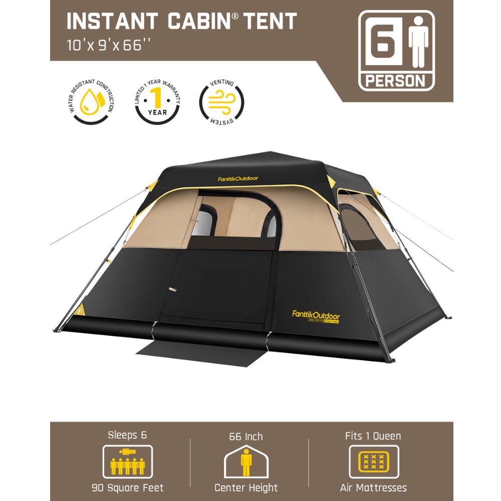 FanttikOutdoor Zeta C6 Pro 6 Person tent: 10'x9'x66", sleeps 6, 90 sq ft, 66" height, fits queen air mattress.