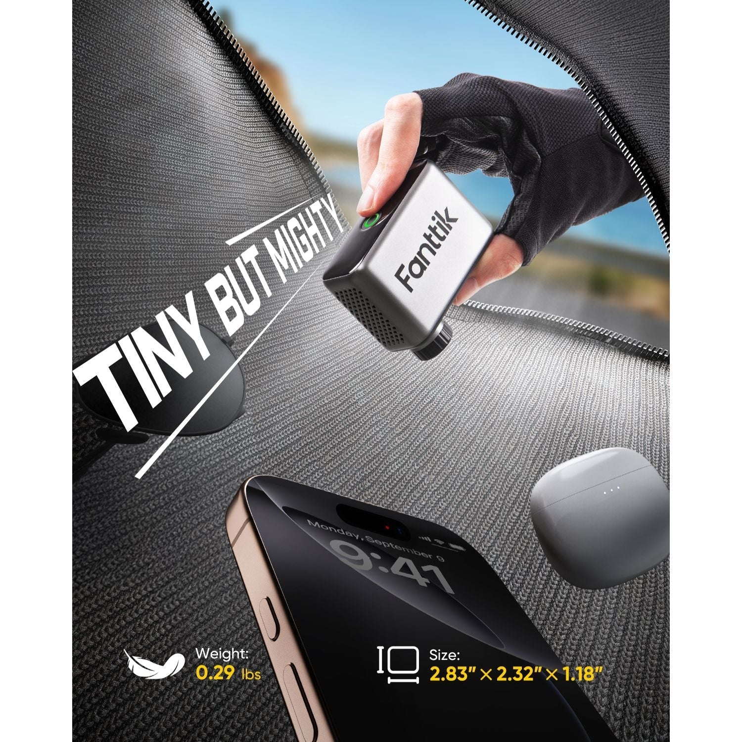 Fanttik X10 Ace Tiny Bike Pump next to smartphone and earbuds, showcasing compact size and light weight of 0.29 lbs.
