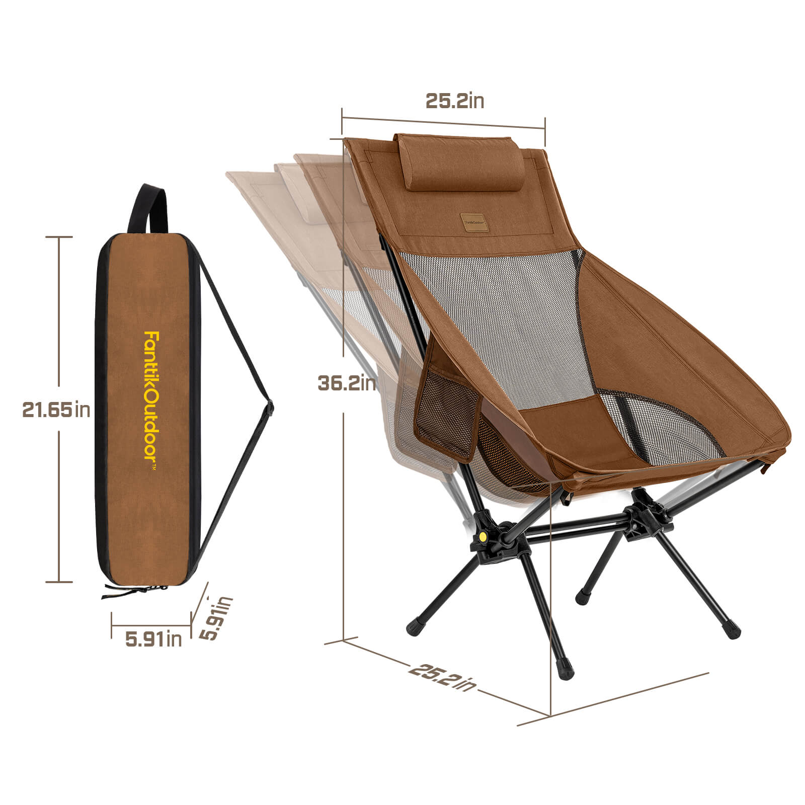 Brown FanttikOutdoor Zeta L8 Max rocker camping chair with adjustable back, dimensions, and storage bag.