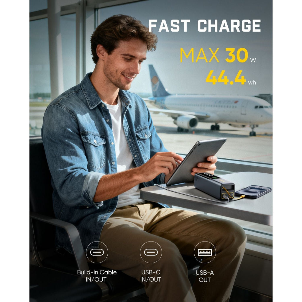 Fanttik T10 jump starter fast charges devices on an airport seat, max 30W 44.4Wh