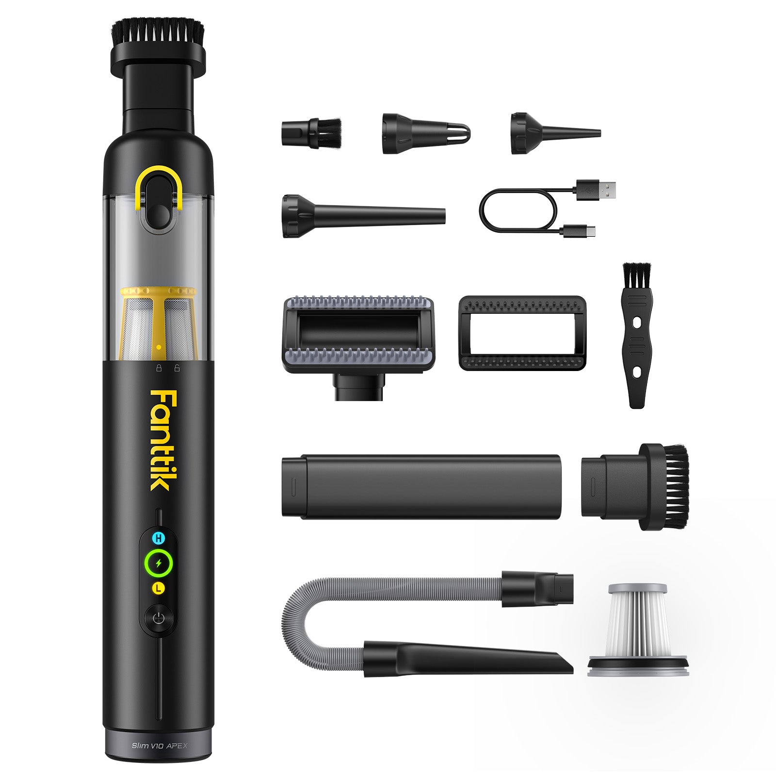 Fanttik Slim V10 Apex cordless car vacuum with multiple attachments.