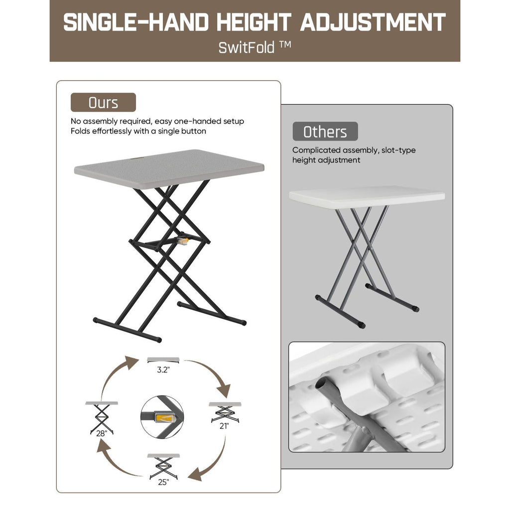 FanttikOutdoor Zeta X1 Pro table: Single-hand height adjustment, 3 heights (21-28"), easy folding, and durable design.