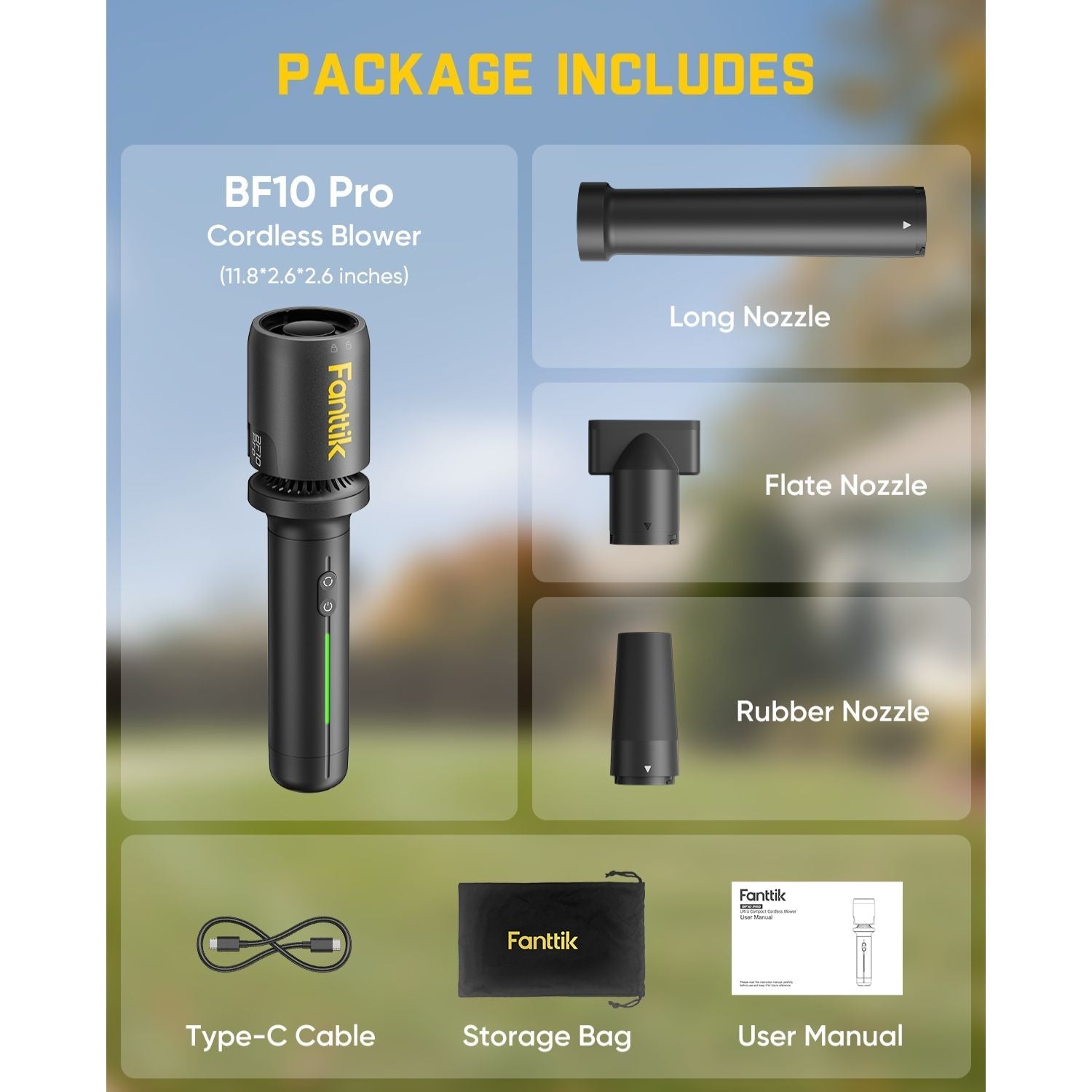 Fanttik BF10 Pro blower package: blower, long nozzle, flat nozzle, rubber nozzle, Type-C cable, storage bag, and manual.