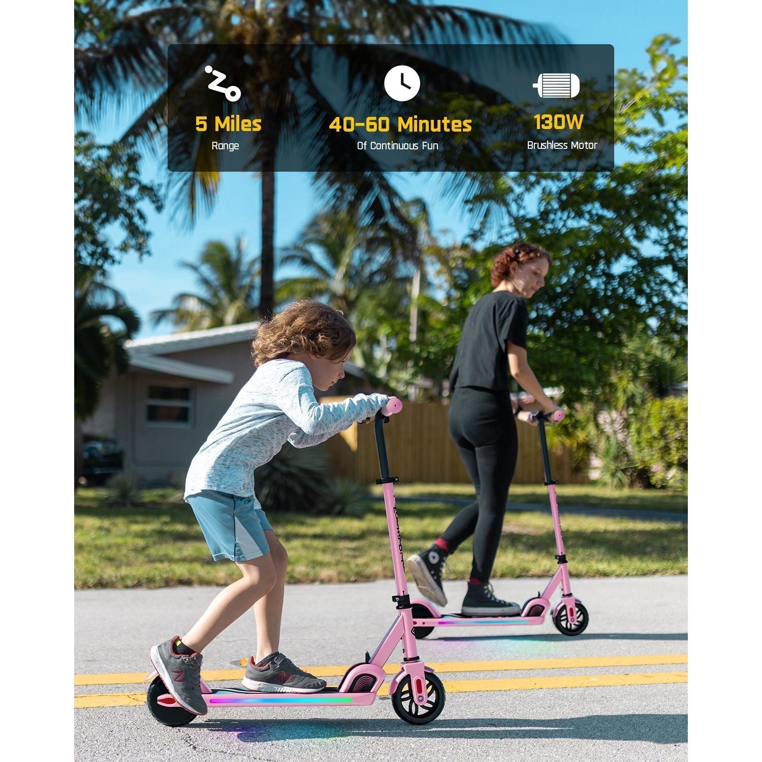 Pink FanttikRide C9 Pro electric scooter for kids with LED lights, 5-mile range, 40-60 minute run time, and 130W motor.