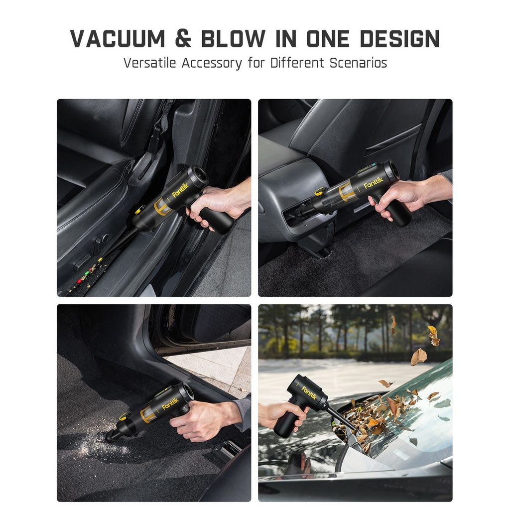 Fanttik Slim V10 Mix car vacuum in action: cleaning car seats, crevices, car floor, and blowing leaves off a windshield.