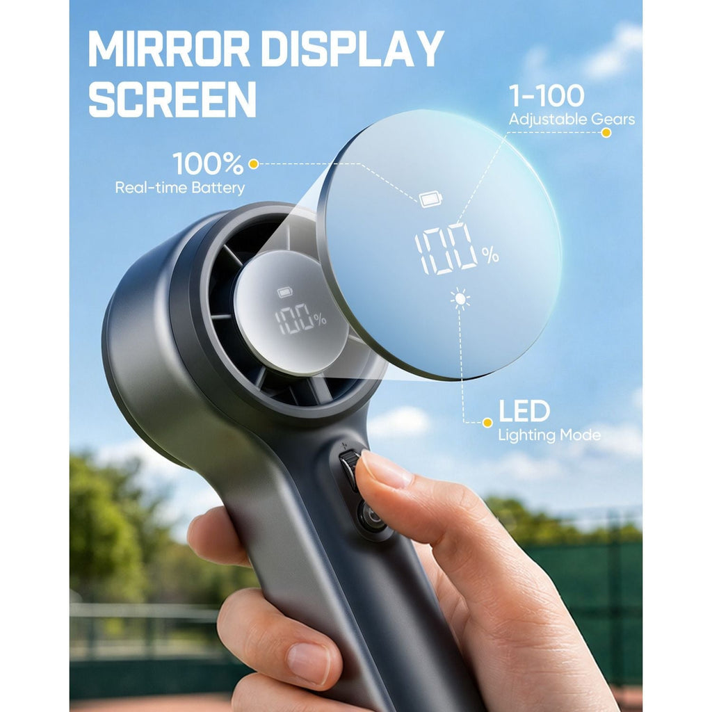 GoFlow 11 Apex Handheld Fan  with mirror display screen showing battery level and LED mode, held by a hand outdoors.