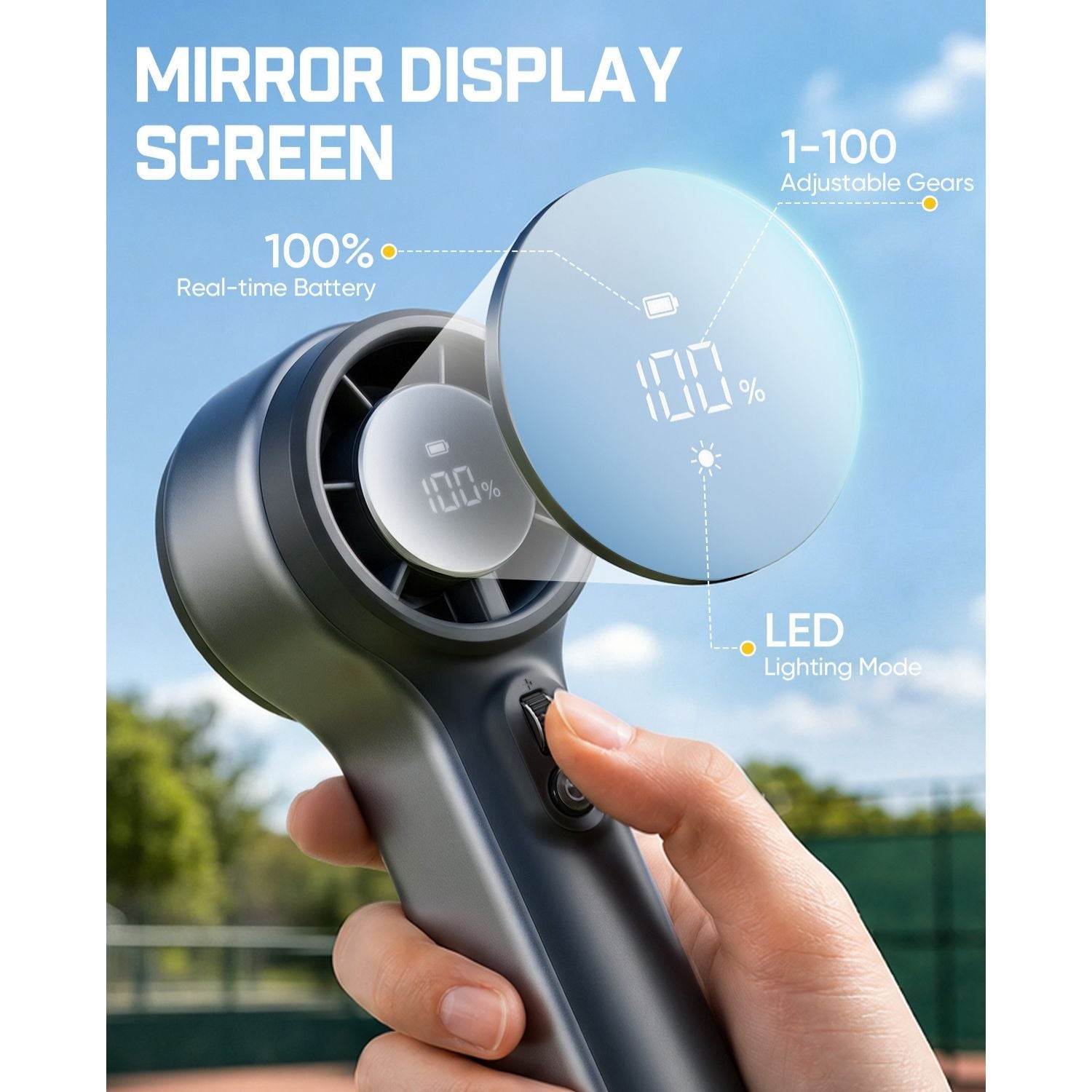 GoFlow 11 Apex Handheld Fan  with mirror display screen showing battery level and LED mode, held by a hand outdoors.