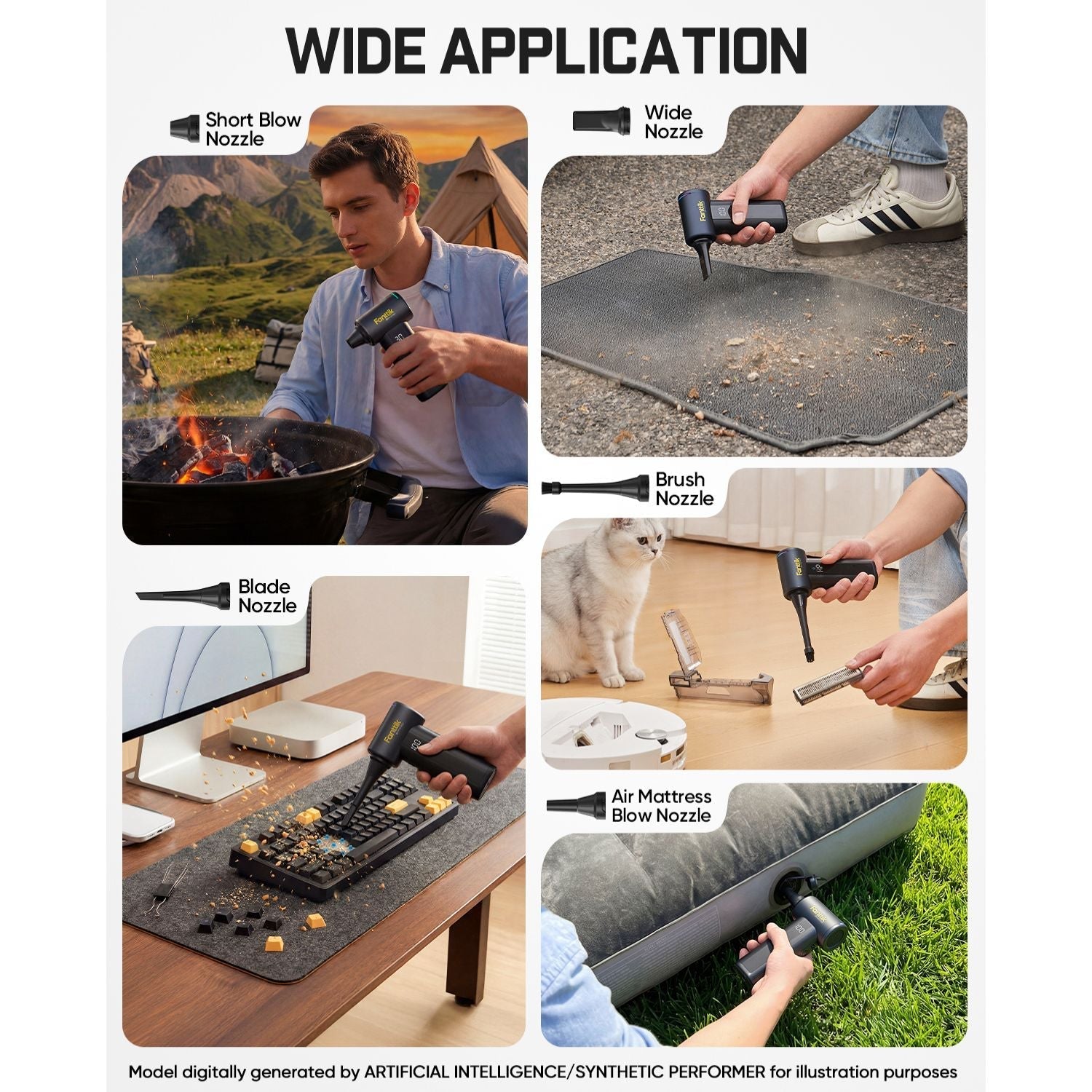 Collage of a person using various nozzles on different tasks with text 'Wide Application'.