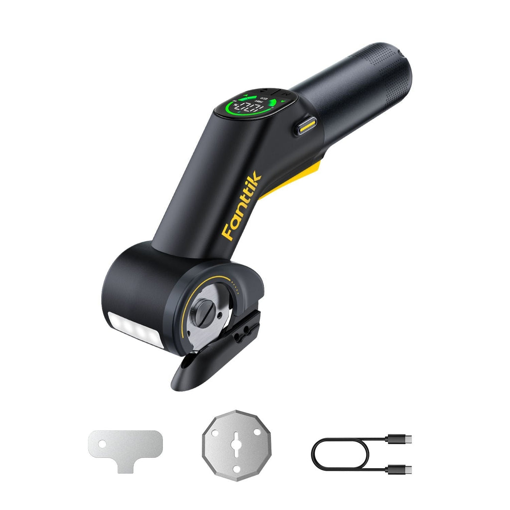 Fanttik C10 Pro cordless electric scissors with digital display, charging cable, and blade tool.