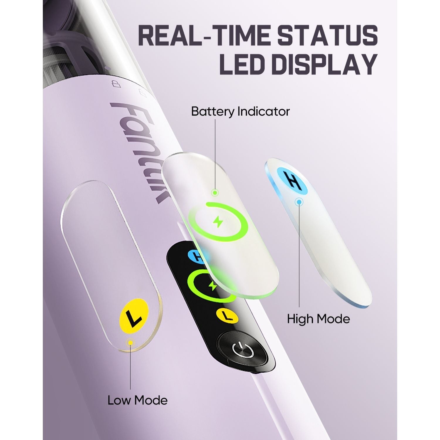 Fanttik Slim V10 Ultra Cordless Car Vacuum with real-time status LED display on a light purple background