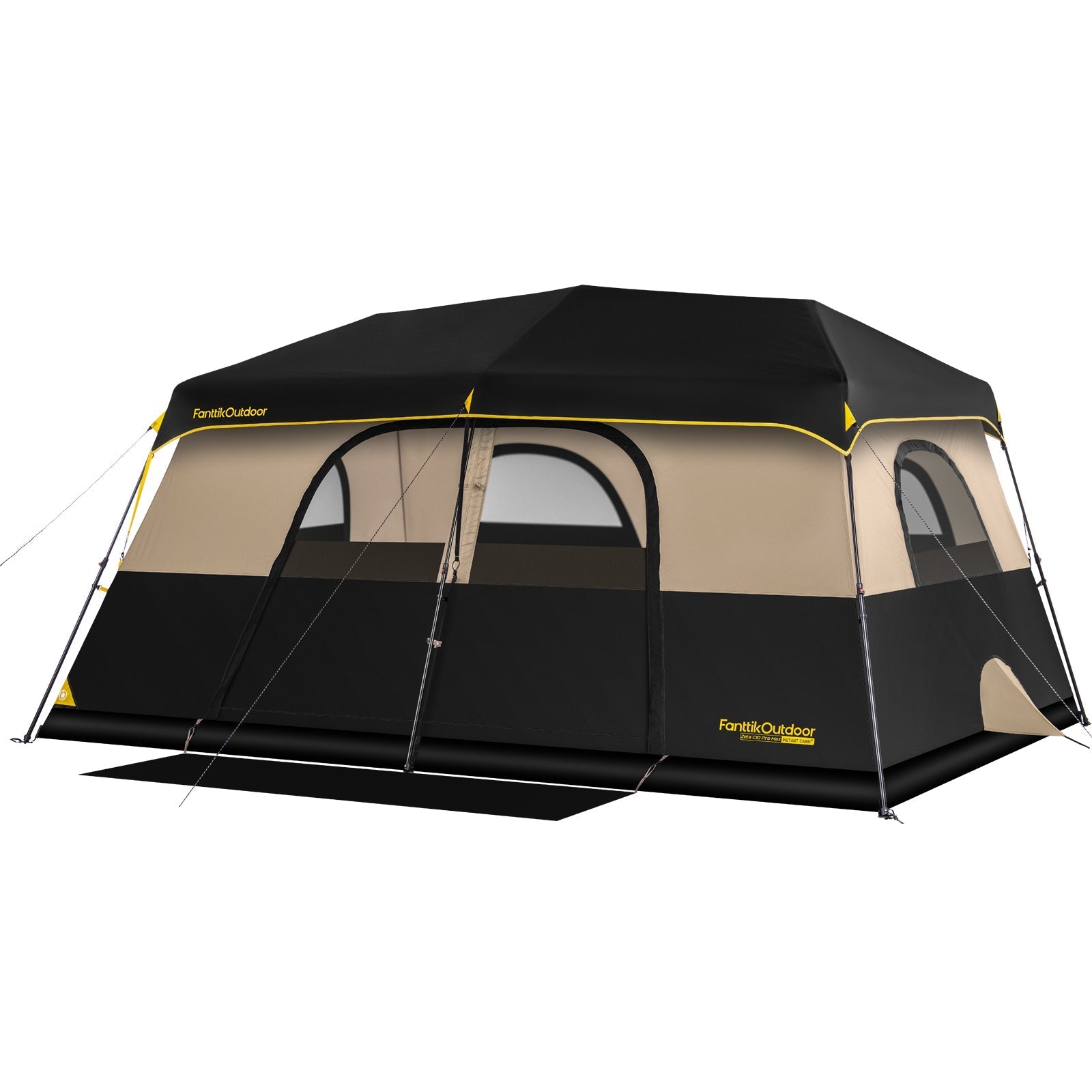 FanttikOutdoor Zeta C10 Pro Max 10-person camping tent. Black & tan, instant cabin, multiple windows, double door.