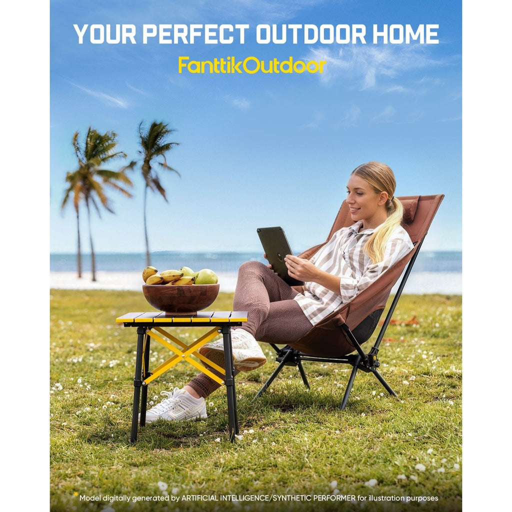 Woman using a laptop outdoors with a table and fruits, set against a beach backdrop with 'FanttikOutdoor' branding.