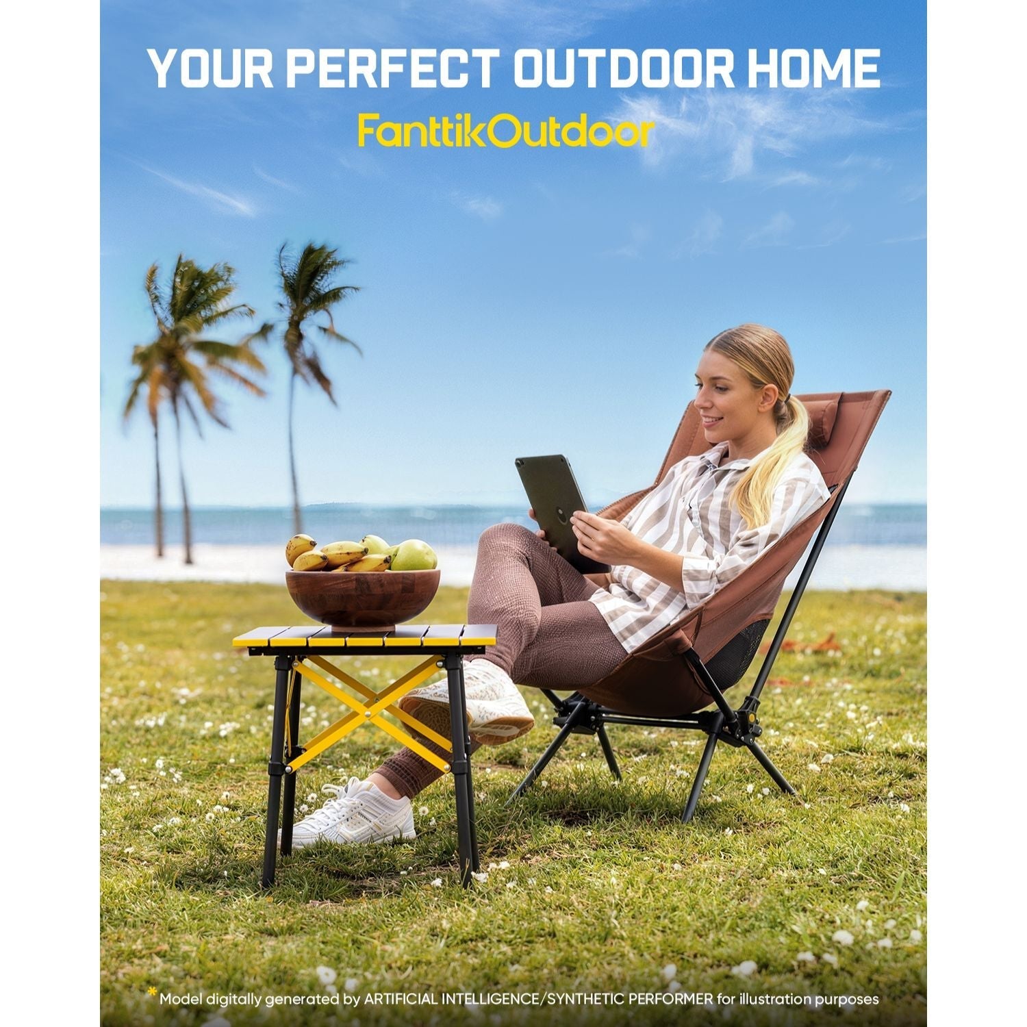 Woman using a laptop outdoors with a table and fruits, set against a beach backdrop with 'FanttikOutdoor' branding.