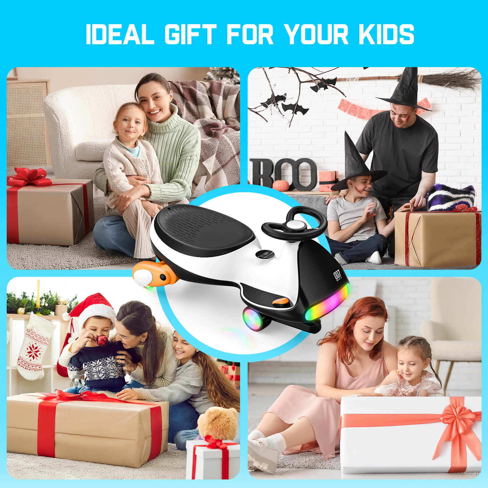 FanttikRide N7 Ultra wiggle car, an ideal 12V electric gift for kids, shown with families and gift boxes.