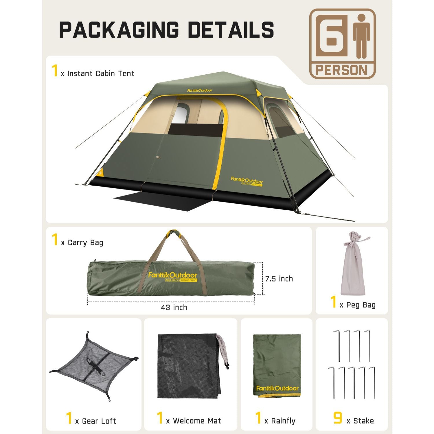 FanttikOutdoor Zeta C6 Pro 6-person tent package: tent, carry bag, peg bag, gear loft, welcome mat, rainfly, and stakes.