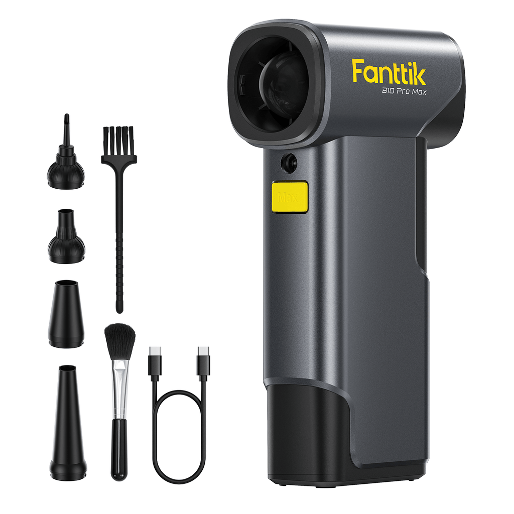 Fanttik B10 Pro Max electric air duster with multiple cleaning nozzles and USB-C cable.