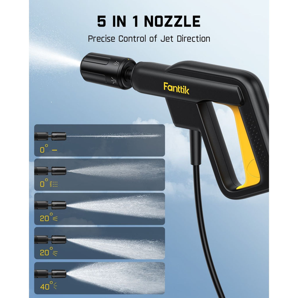 Fanttik NB8 Fold cordless pressure washer with 5-in-1 nozzle showing precise spray control angles.