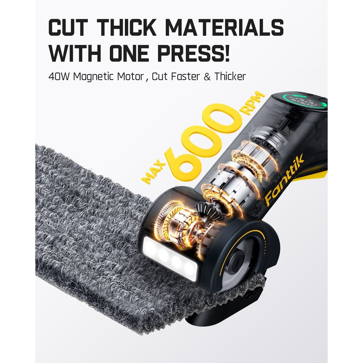 Fanttik C10 Pro cordless electric scissors cutting thick material with 600 RPM and 40W motor.