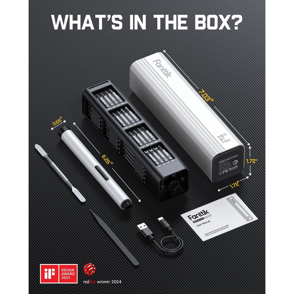 Fanttik E1 MAX precision electric screwdriver kit with magnetic bits, USB-C cable, and user manual